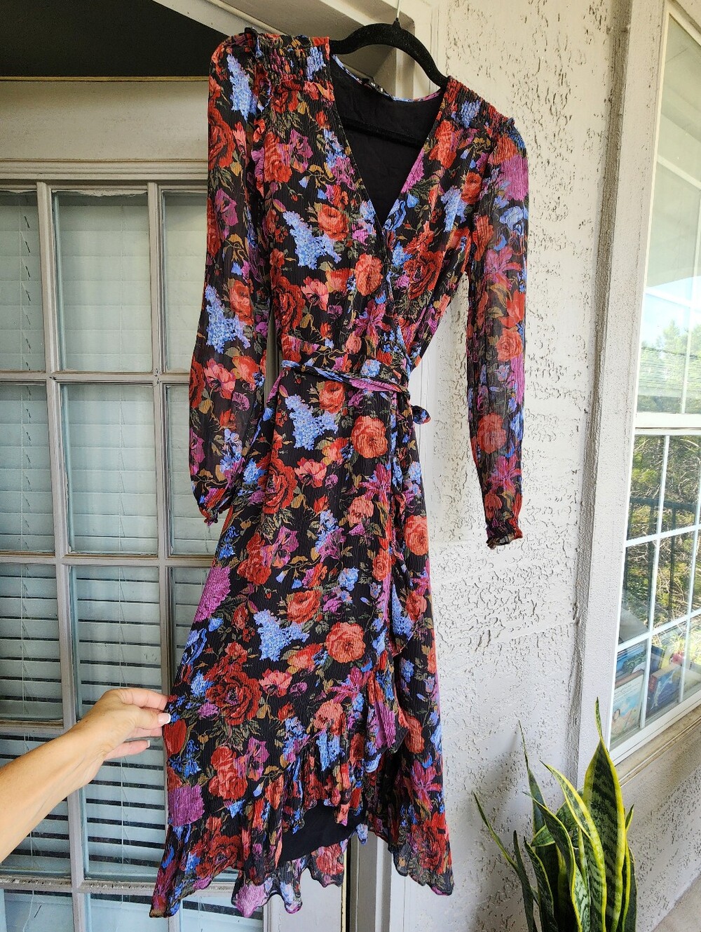 PAIGE Paulette Floral Long Sleeve  V-Neck Midi Wrap Dress - Black Red Pink Multi - Picture 9 of 16